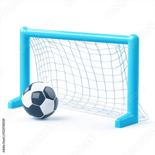 A light-blue toy soccer goal with a black-and-white ball resting against it on a white background