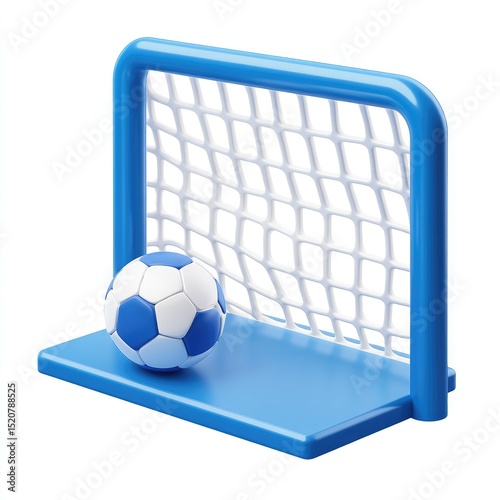 A small, blue soccer goal with a blue and white soccer ball resting on its base, isolated on a white background