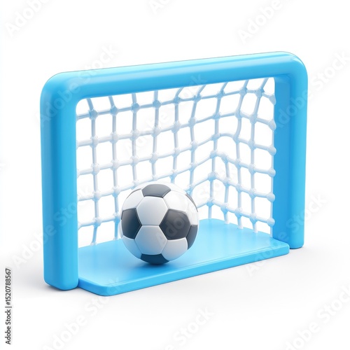 A light-blue soccer goal with a classic black-and-white ball resting in the net against a white background.  The image is clean and minimalist, rendered in a cartoonish style