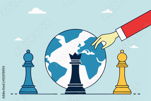 Global strategy concept hand reaching for earth with chess pieces illustration