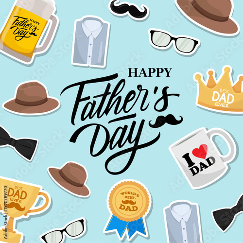 Cute Father's Day greeting card with male elements stickers Hat shirt beer trophy Best dad