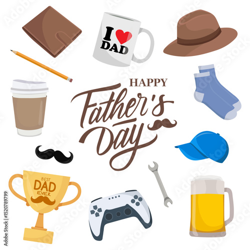 Father's Day illustrations Men's elements clothes Trophy coffee mug wallet beer socks