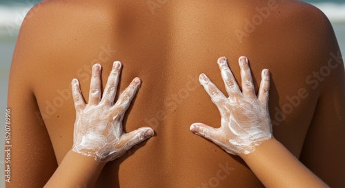 Baby palms smear sunscreen on an adult's back