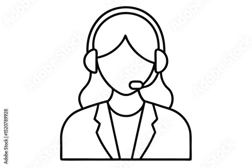 female call center agent with headset during call, line art vector illustration