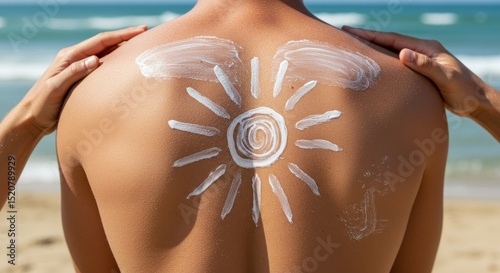 broad male back has sunblock cream applied in shape of suns or zigzags - clearly it is not a pattern, but a protective cream.