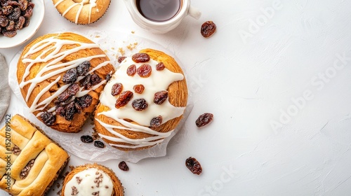 Delicious Fresh Pastries with Raisins and Coffee on Light Background