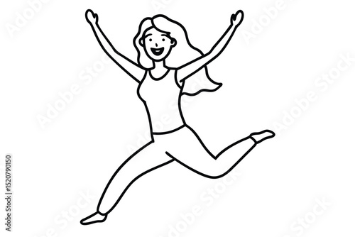 Happy jumping woman line art vector illustration