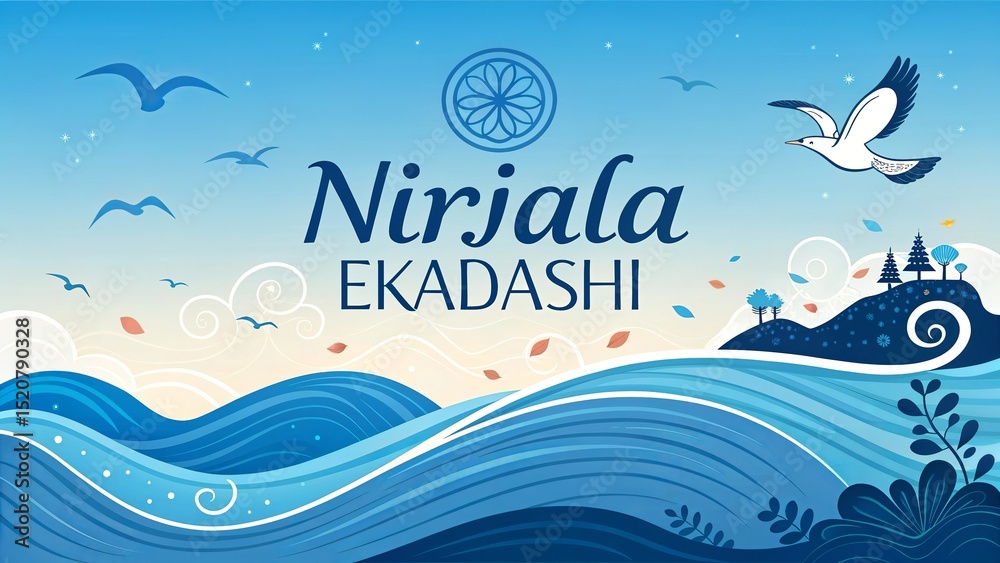 Naklejka premium Nirjala Ekadashi, Artistic waves crash behind Nirjala Ekadashi text in stunning illustration.