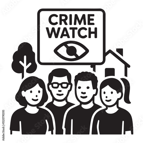 Discuss neighborhood safety united under a crime watch sign in a welcoming suburban setting Design vector icon style