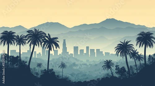 Los Angeles skyline with palm trees and mountains in hazy silhouette
