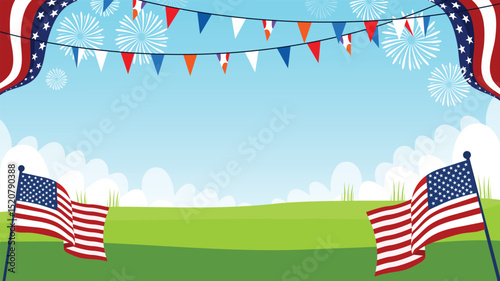Independence Day Celebration with Flags, Fireworks, and Decorations