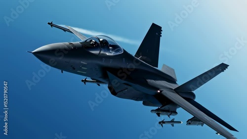 Modern fighter jet flying high in blue sky. Military aircraft with pilot on air patrol for national defense concept. Animation.