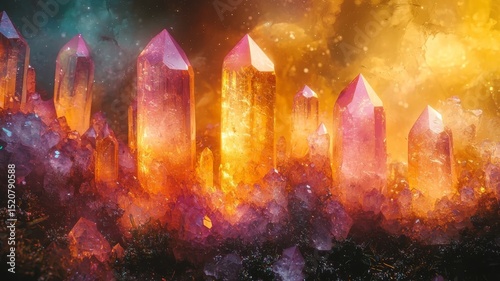 Vibrant crystal formations glowing in a mystical landscape, radiating warmth and energy, perfect for fantasy and wellness themes.