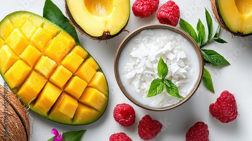Fresh Mango and Coconut Cream with Raspberries on White Background