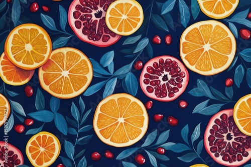 Vibrant seamless pattern of orange slices and pomegranate halves against a dark blue background, interspersed with stylized leaves