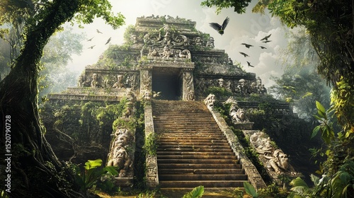 Fototapeta Naklejka Na Ścianę i Meble -  Ancient temple with steps in jungle setting surrounded by trees and birds.
