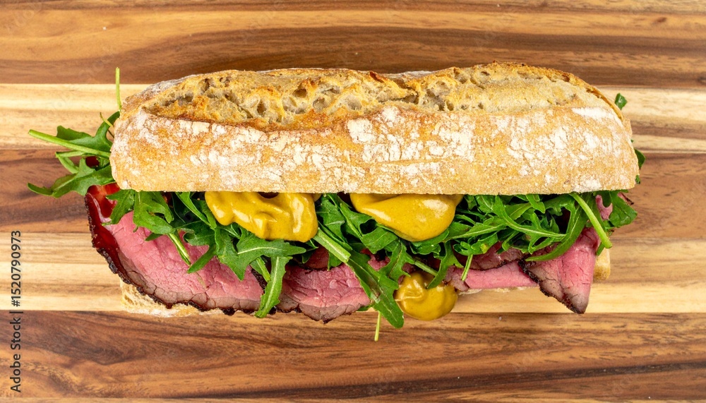 Obraz premium Top View of Gourmet Roast Beef Sandwich with Arugula, Mustard, and Crusty Bread on Wooden Board – Deli Style Lunch Concept