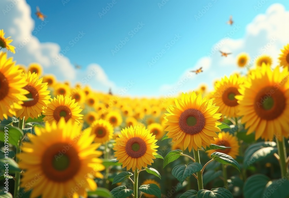 Fototapeta premium vibrant sunflower fields under bright blue skies radiating summer sunshine natural beauty, sky, nature, petal, blossom, landscape, flora, garden, color