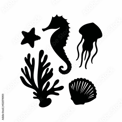 Sat of silhouettes of sea animals