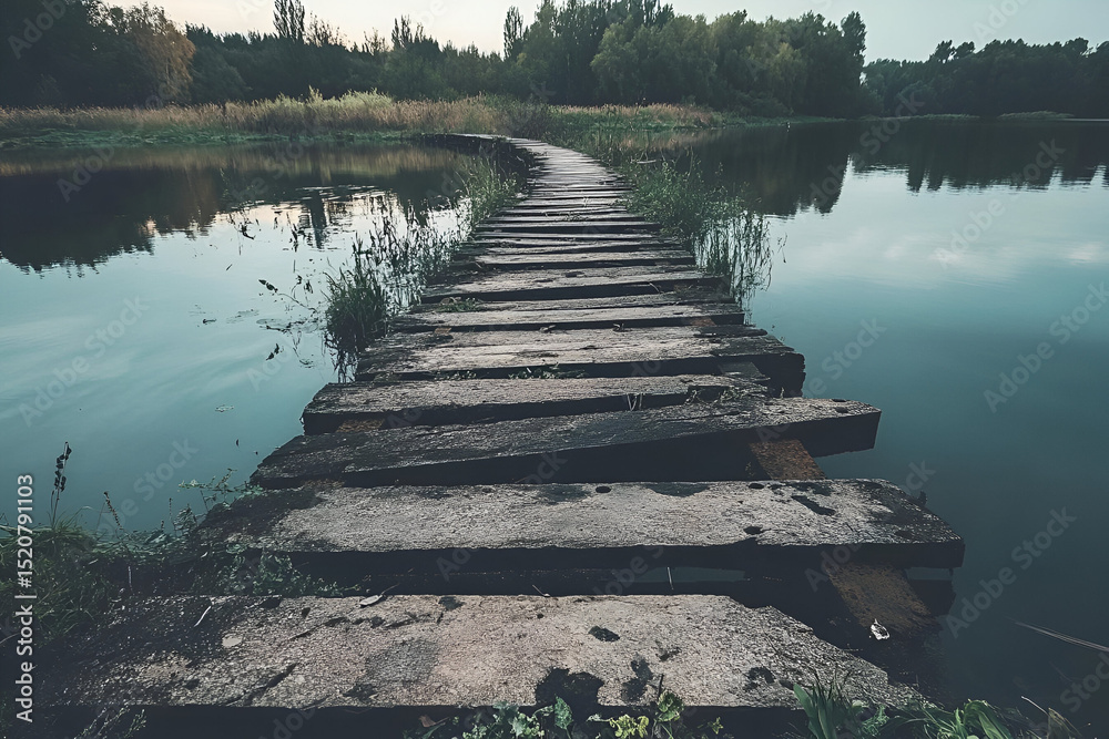Obraz premium A broken bridge leading to nowhere, symbolizing the failure of connections and the uncertainty of modern human relations
