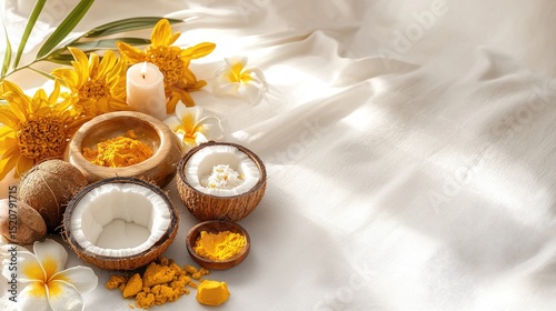 Natural Spa Composition with Coconut and Turmeric on Silk Fabric