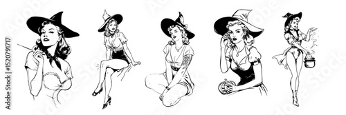 A set of vintage retro pin up style halloween witch. line art illustration style