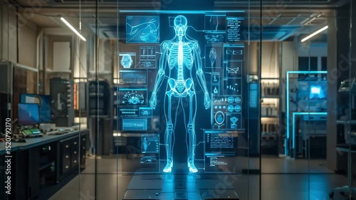 Advanced AI medical visualization technology displays human anatomy in a high-tech laboratory setting