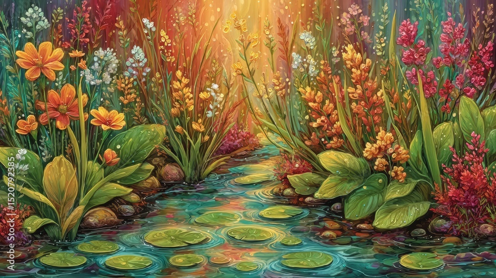 Fototapeta premium A beautiful painting of a stream flowing through a lush forest, evoking the essence of springtime with vibrant colors and captivating nature scenes that inspire serenity and relaxation