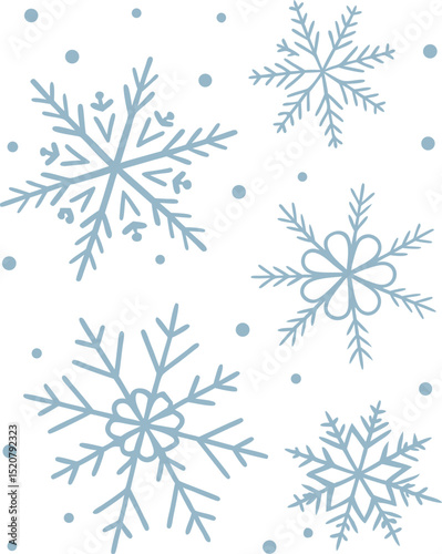 Hand drawn light blue snowflakes scattered on a white background for winter design