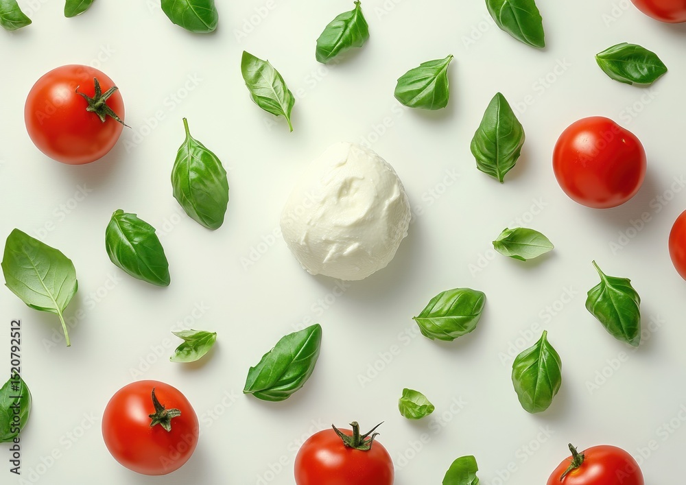 Flatlay of mozzarella cheese, cherry tomatoes, and basil leaves arranged on a white background Flatlay of mozzarella cheese, cherry tomatoes, and basil leaves arranged on a white background