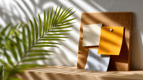 A meticulously composed flatlay featuring a corkboard with colorful swatches, illuminated by the warm sunlight, a tropical green leaf, and shadow patterns. 