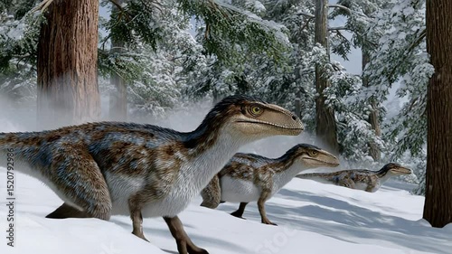 Dinosaurs running through snowy forest in winter wonderland scene