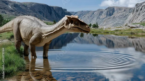 Ancient dinosaur hydration by tranquil lake amid rocky mountain landscape