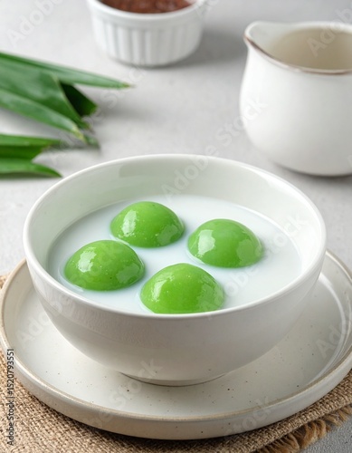 Traditional Bubur Sumsum with Palm Sugar Syrup and Coconut Milk on Ceramic Bowl Setting