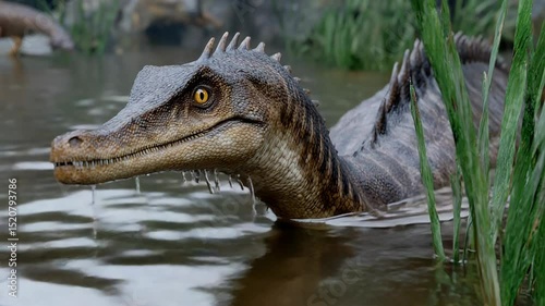 Dinosaur swimming in prehistoric marshland with lush vegetation and rippling water effects