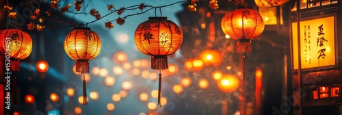 Illuminated lanterns hang in a street with lights at night.