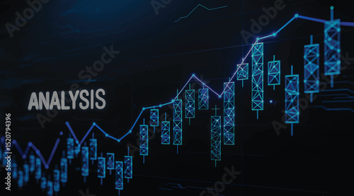 A stock market graph and chart showing growth and decline in finance and investments on a black background