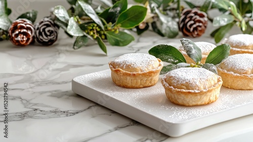 Delicious Mini Pastry Tarts with Icing Sugar on Marble Background