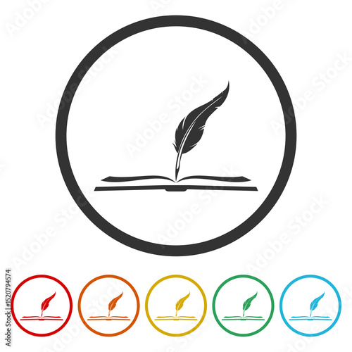 Book and feather icon. Set icons in color circle buttons