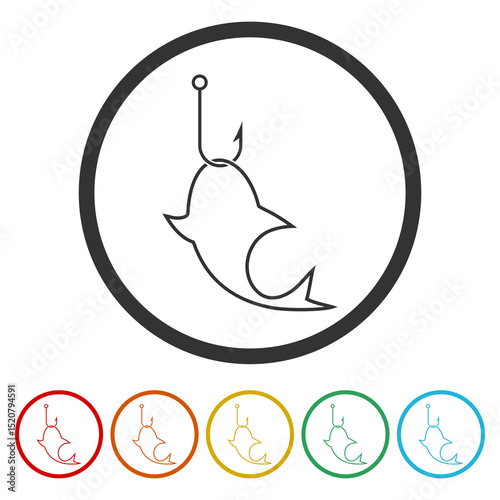 Fish on hook icon. Set icons in color circle buttons
