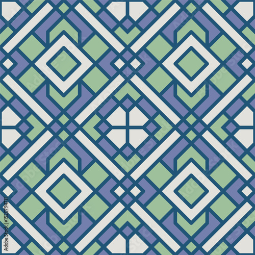 Geometric Outline Diamond Shapes Repeating Pattern with Blue Green and White Colors