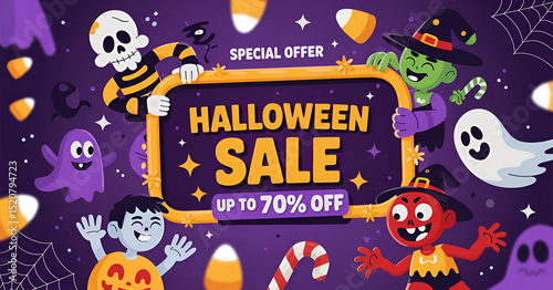 Colorful Cartoon Halloween Sale Banner Kids, Ghosts, Monsters and Spooky Candy