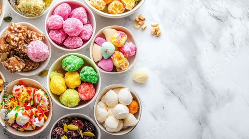 Colorful Assortment of Traditional Sweets and Desserts on Marble Surface