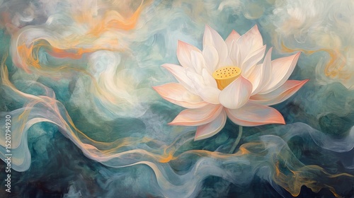 White lotus flower with soft background in shades of blue and beige.