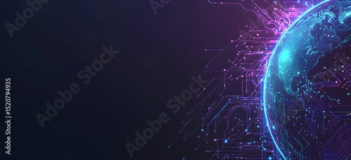 Abstract digital technology background with a blue and purple color scheme, featuring glowing lines forming an Earth globe silhouette surrounded by circuit patterns 