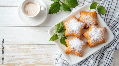 Delightful Star-Shaped Pastries with Powdered Sugar and Coffee
