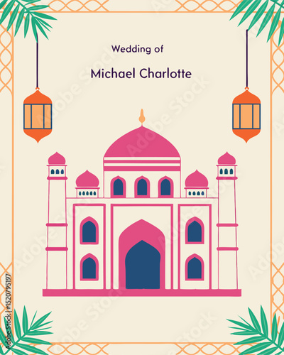 Invitation card for a wedding celebration with taj mahal illustration.