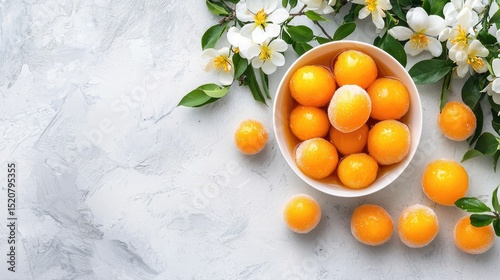 Fresh Orange Fruit in Bowl Surrounded by White Blossoms on Table