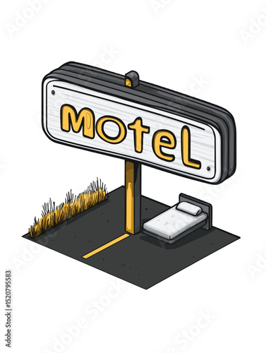 Stylized motel sign with bed icon for travel accommodation and roadside lodging
