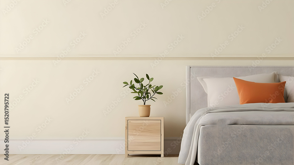Fototapeta premium Beige Minimalist Bedroom Interior With Wooden Nightstand And Plant